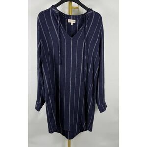 Cloth & Stone Striped Tunic Dress Navy Blue Long Sleeve Rayon L Large